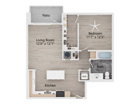 Floor plan for 1 bed, 1 bath, 759 sqft